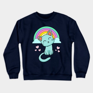 Cute Kitty Cat With Rainbow & Hearts Girls Crewneck Sweatshirt